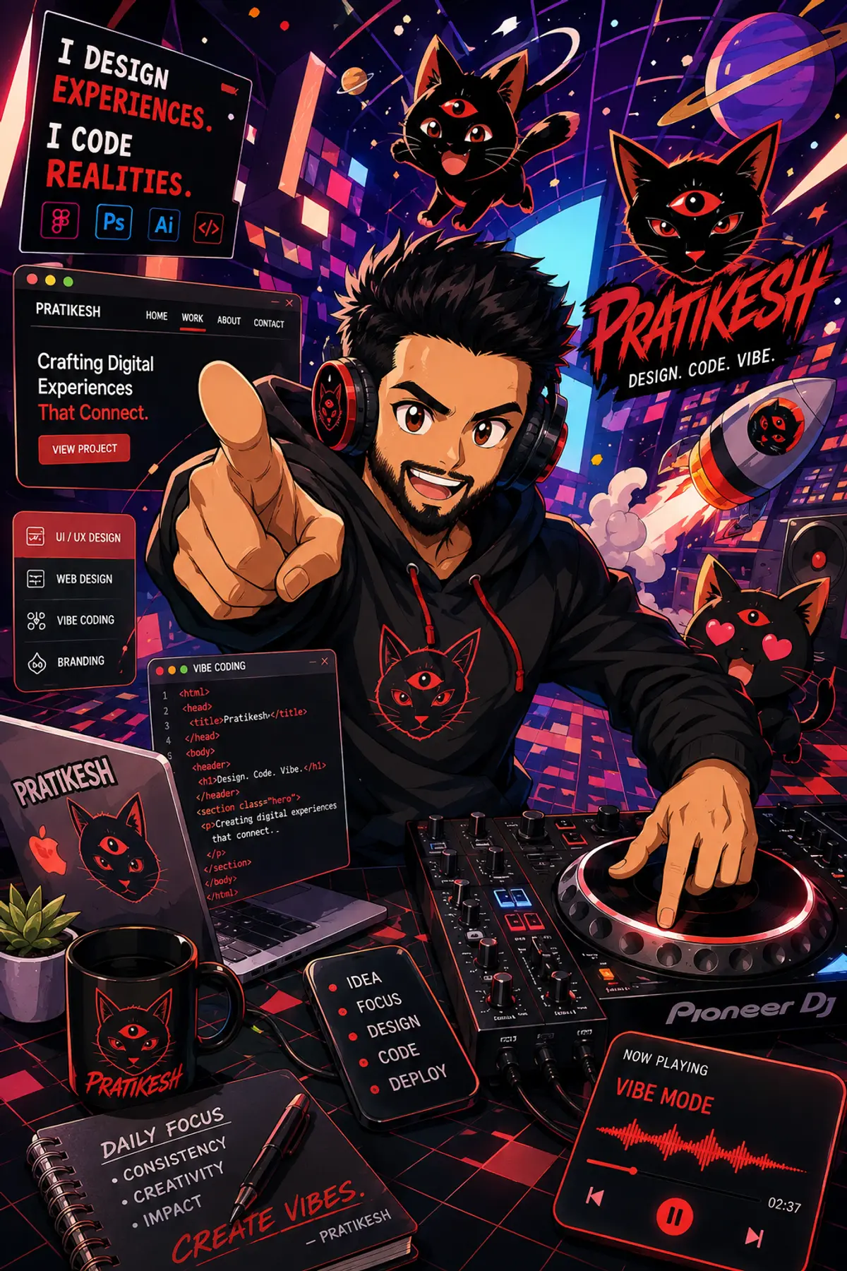Illustrated Pratikesh brand portrait with headphones and DJ deck, cosmic sci-fi graphics and cat mascot artwork