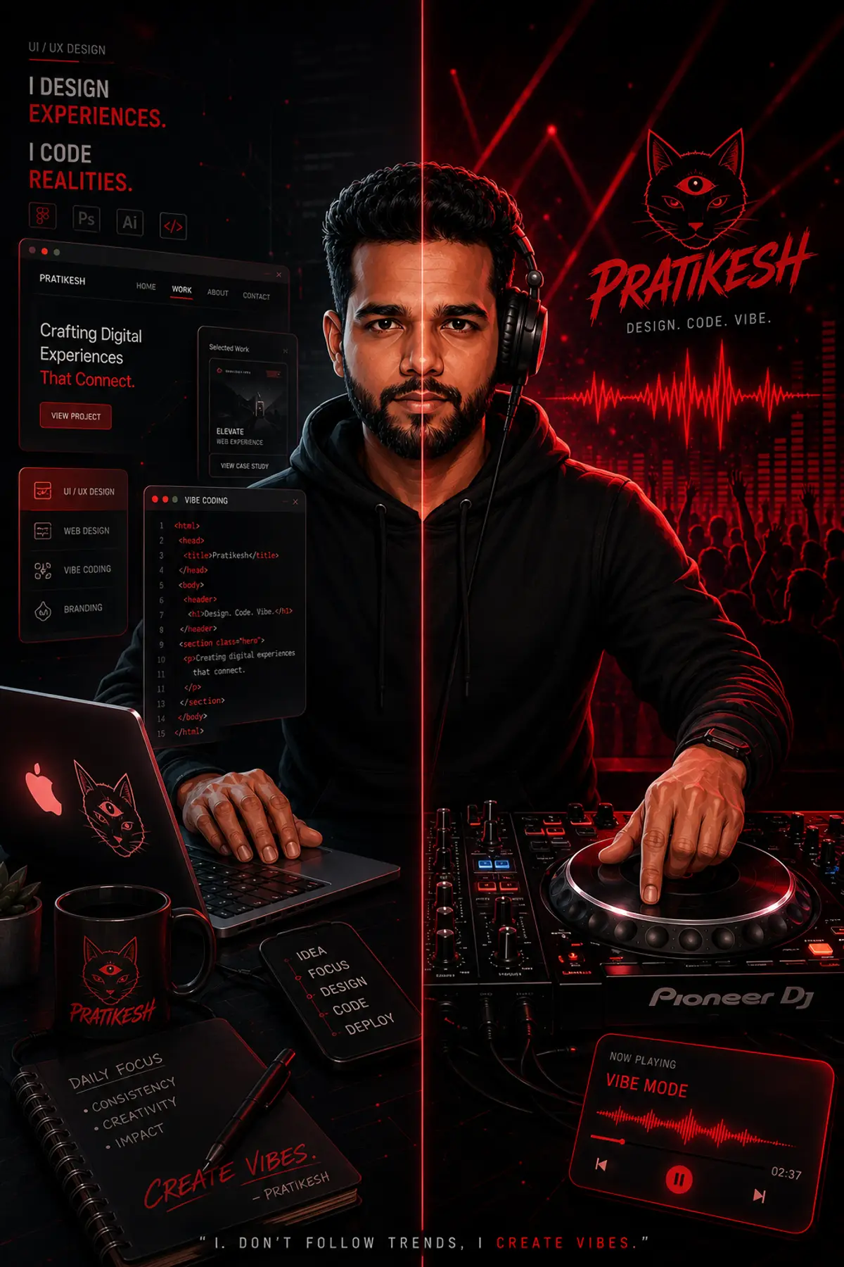 Split photo-illustration portrait of Pratikesh DJing with red neon crowd silhouette and Pratikesh brand wordmark