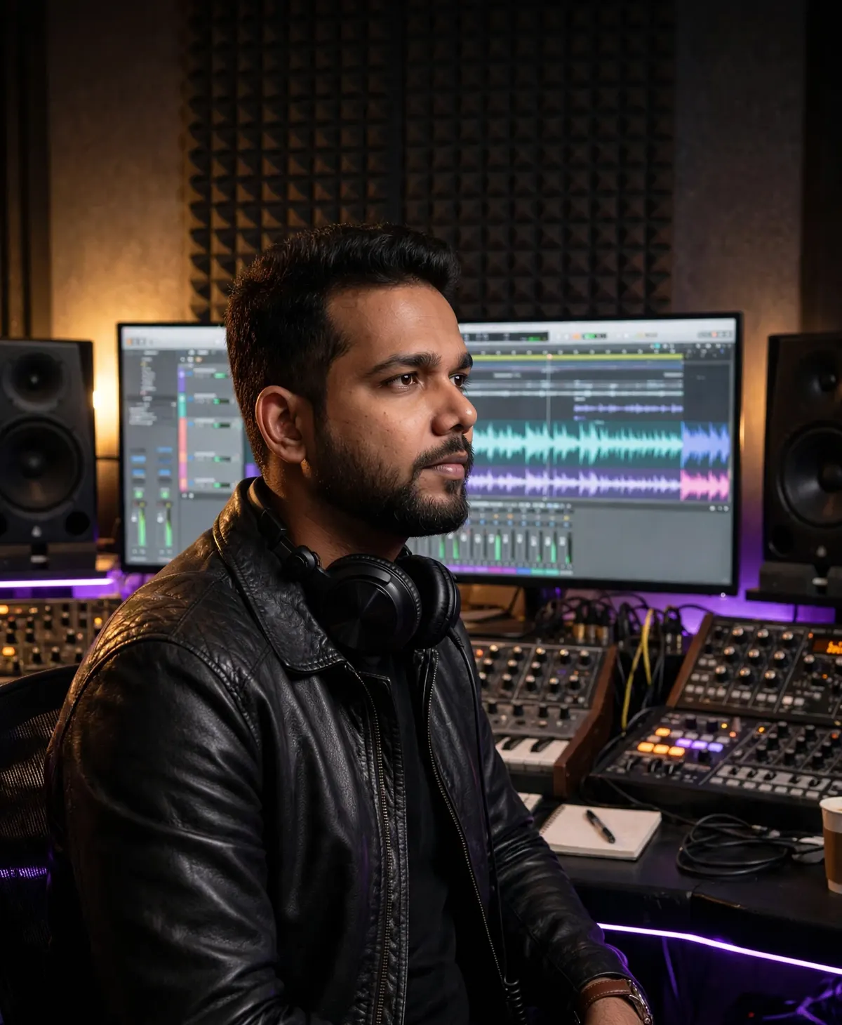 Pratikesh at the studio desk with monitors and outboard gear