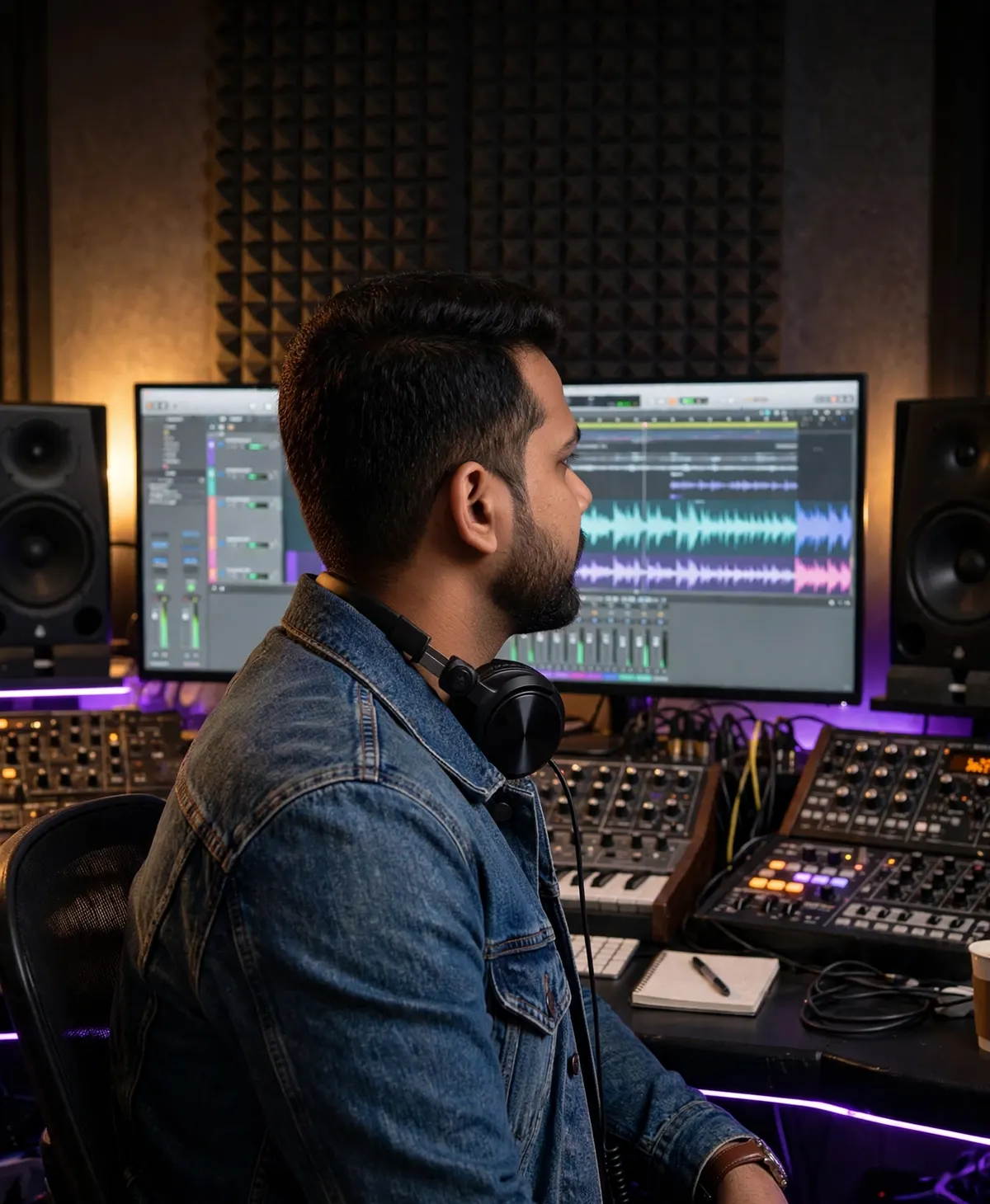 Arranging a track in the DAW, synths and mixer in frame