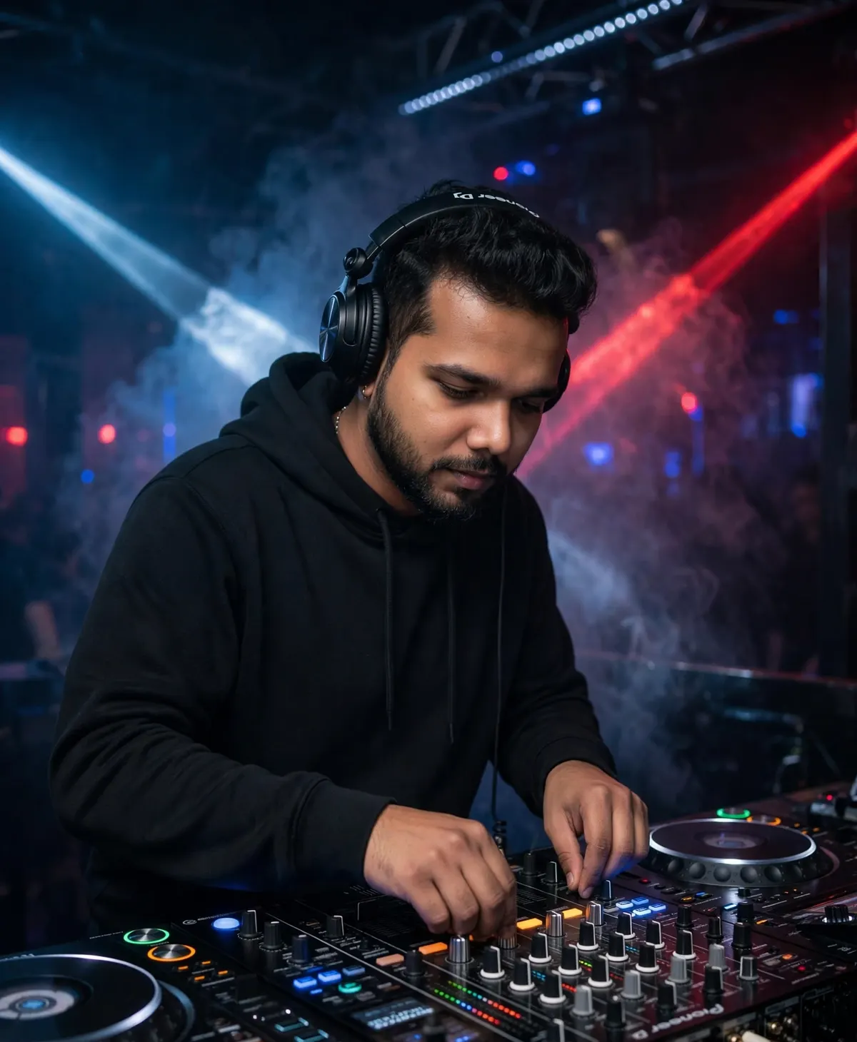 Pratikesh mixing on a Pioneer controller under club lighting